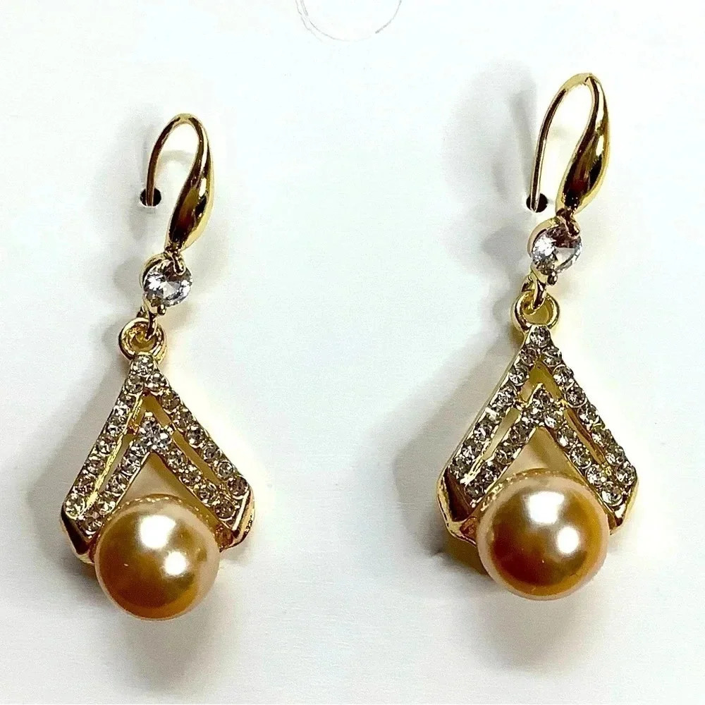 925 Sterling Silver Gold Plated Pearl Drop Statement Earrings Crystal Rhinestone
